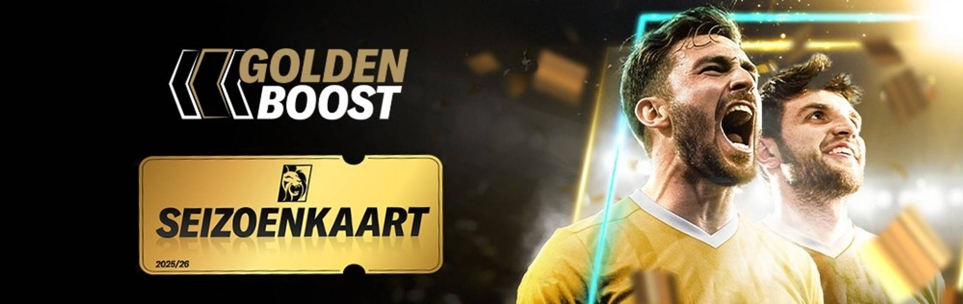 Voetballers vieren feest met de tekst "Golden Boost" / "Odds Boost".