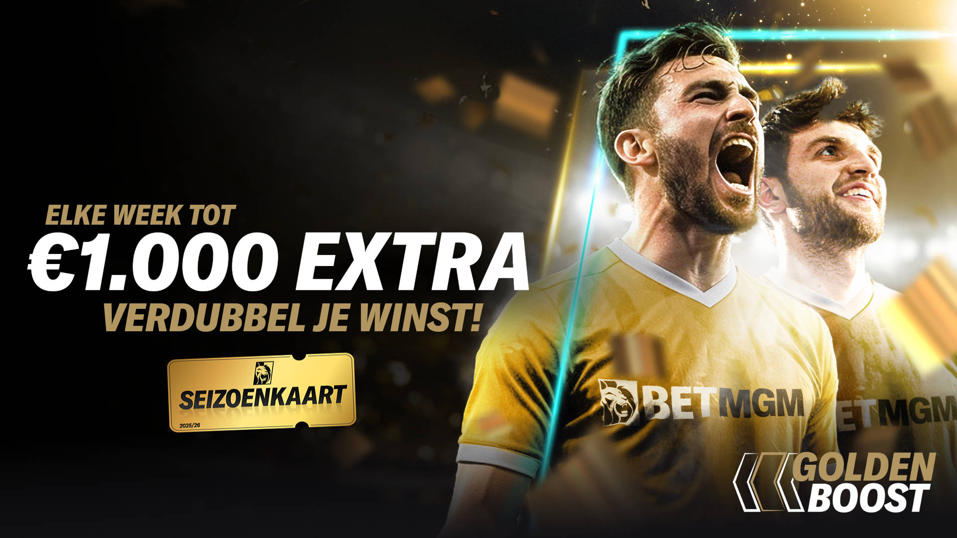 Twee juichende mannen met tekst: Elke week tot €1.000 EXTRA, verdubbel je winst! en Golden Boost.