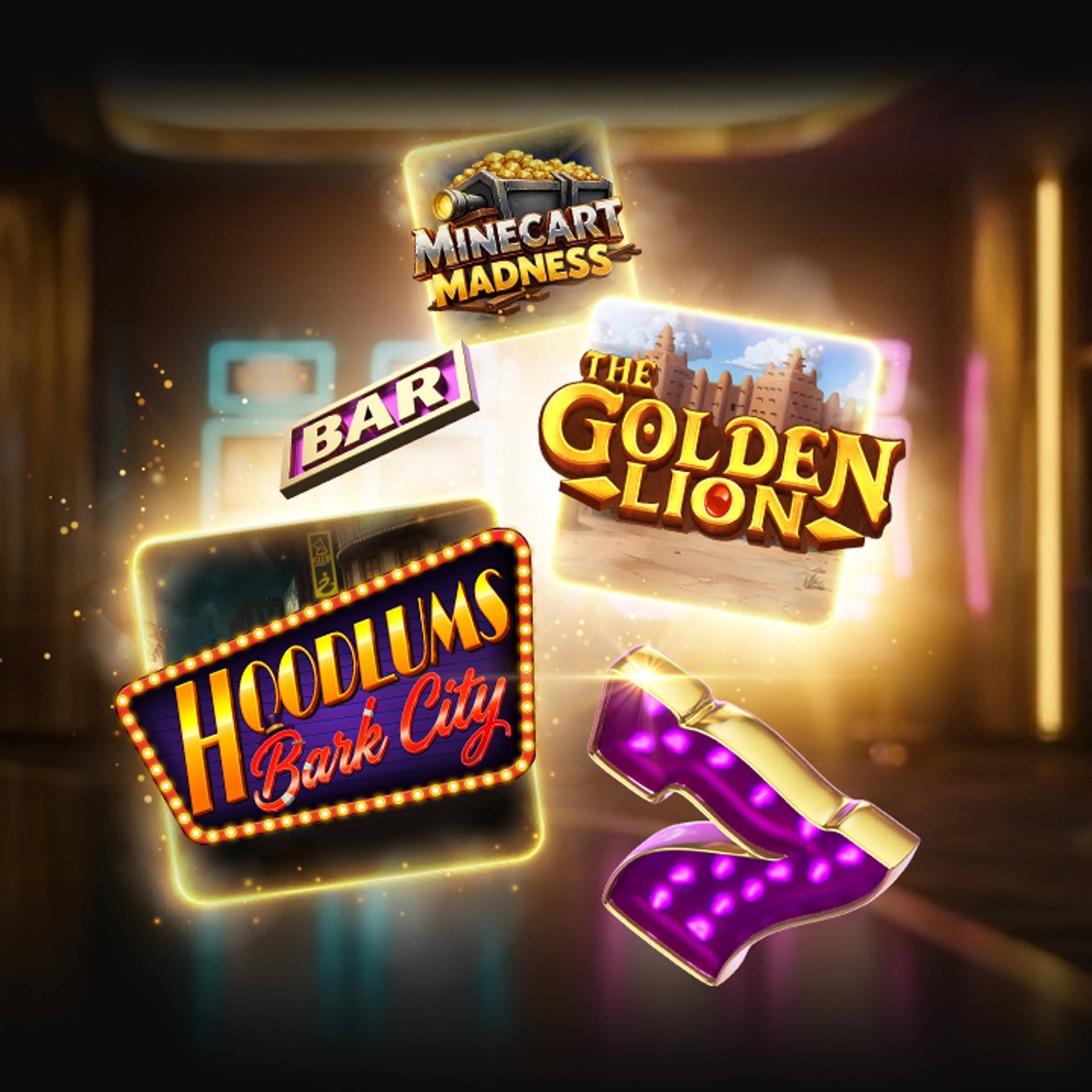 Casino-elementen en de casinospellen Minecart Madness, The Golden Lion en Hoodlums Bark City