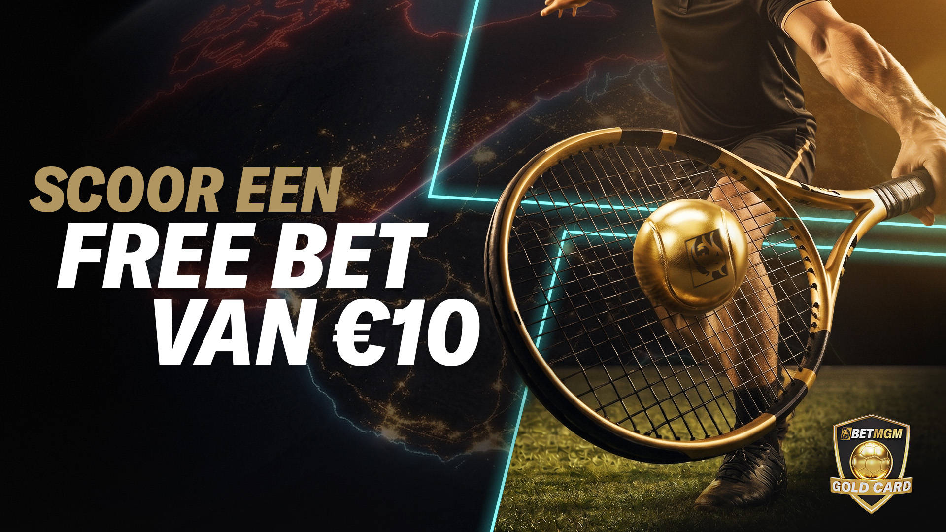 Scoor een Free Bet van €10! Tennisracket en bal op een tennisbaan.