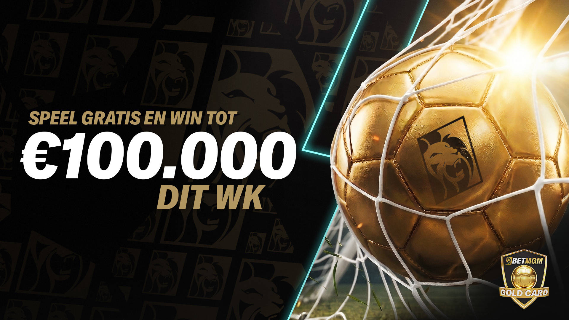 Voorspel gratis 6 uitslagen en win tot €100.000 ! Golden Goals logo met gouden voetbal in net.