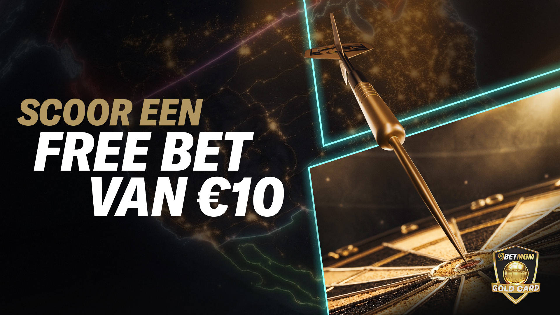 Scoor een Free Bet van €10! Darts en dartbord op de achtergrond.