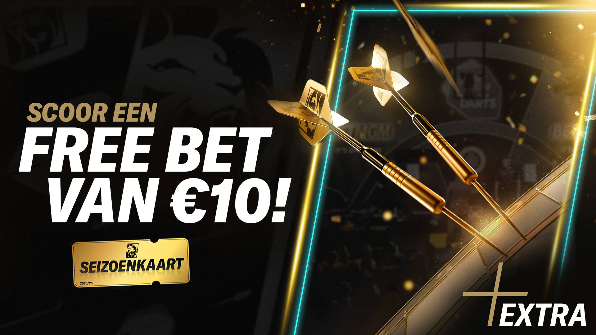 Scoor een Free Bet van €10! Darts en dartbord op de achtergrond.