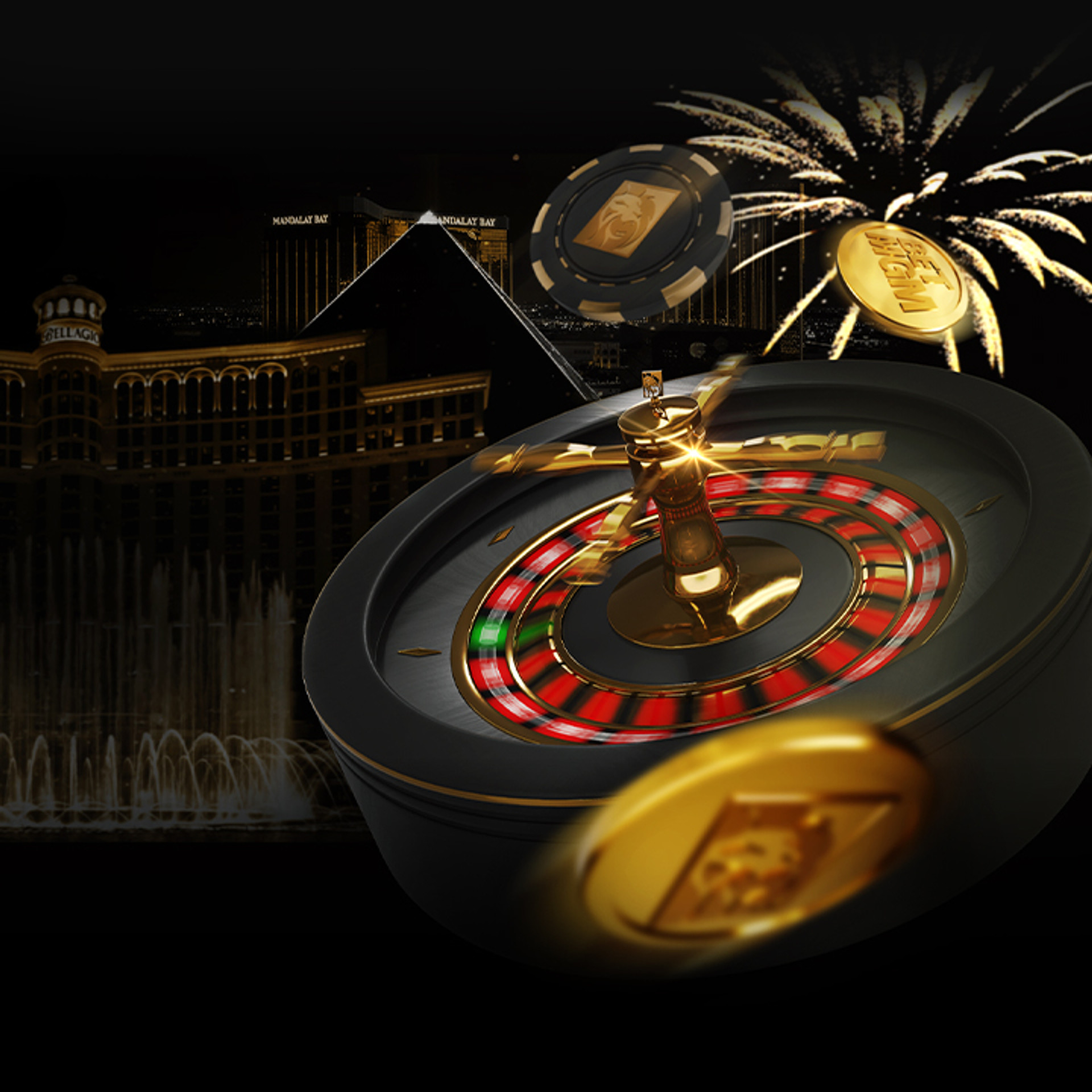 Roulette tafel met BetMGM en in de achtergrond Las Vegas