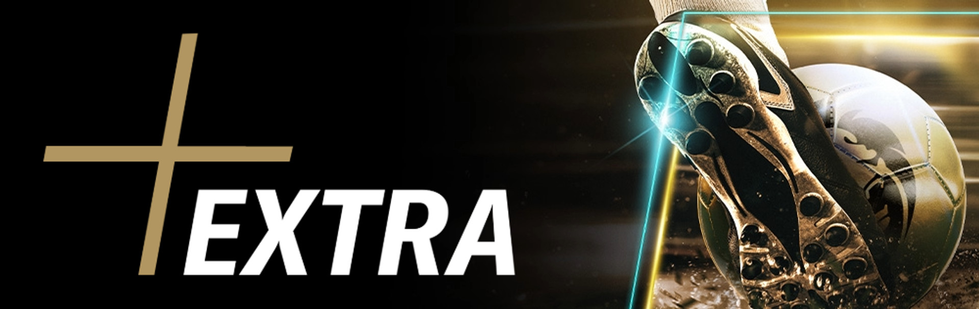 Voet die een gouden voetbal schopt; tekst "+EXTRA".