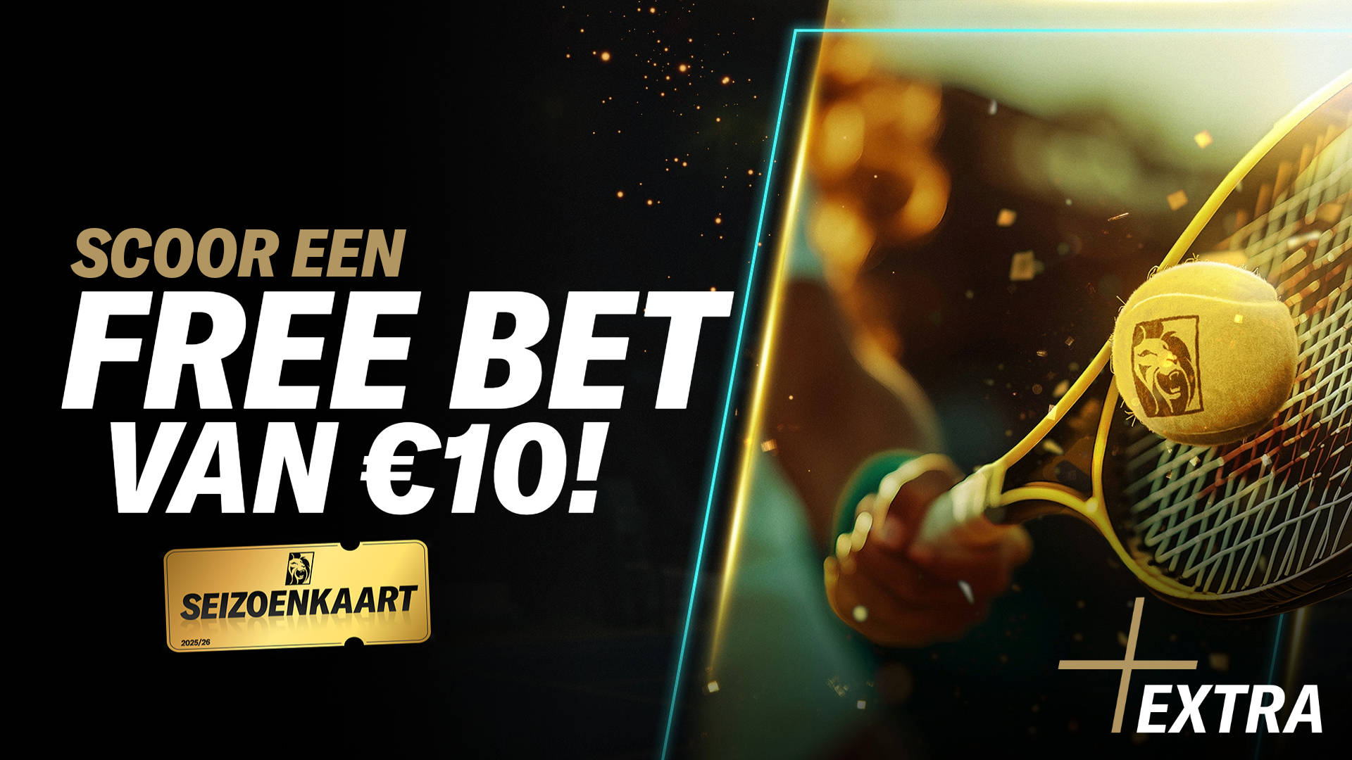 Scoor een Free Bet van €10! Tennisracket en bal op een tennisbaan.