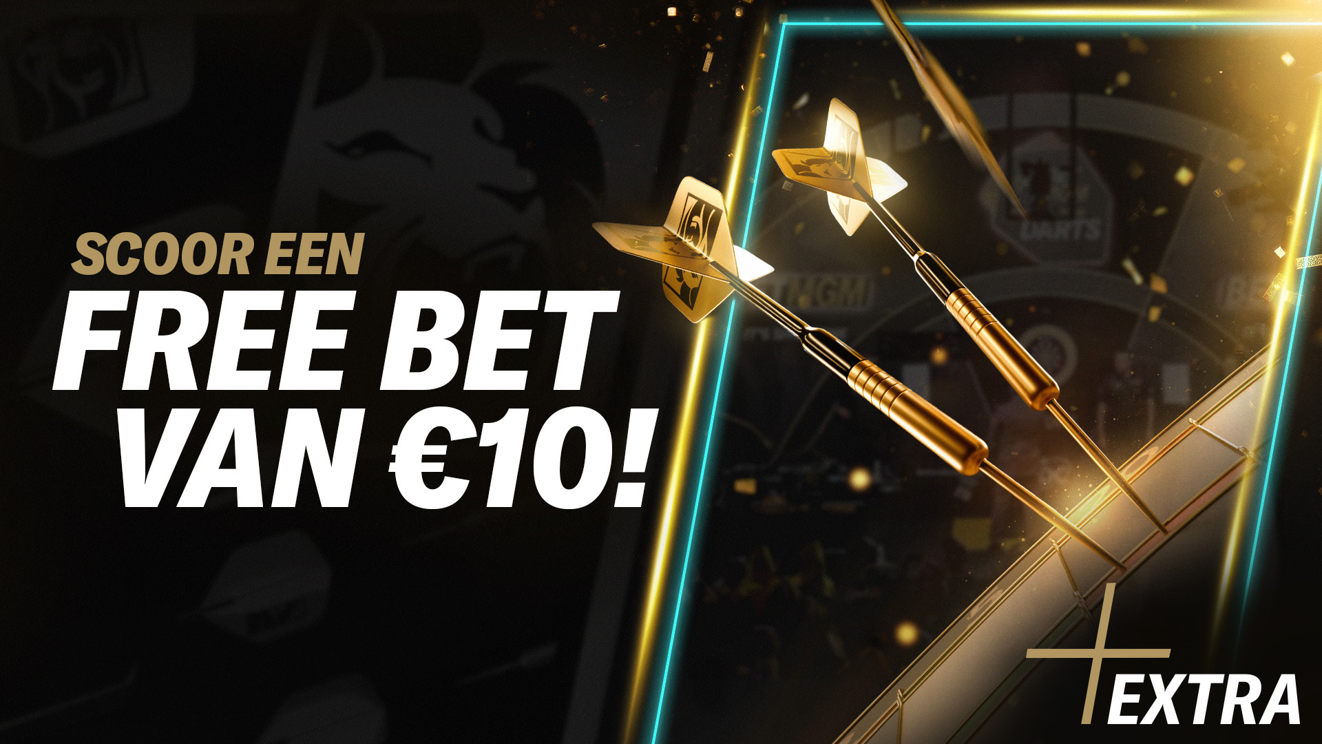 Scoor een Free Bet van €10! Darts en dartbord op de achtergrond.