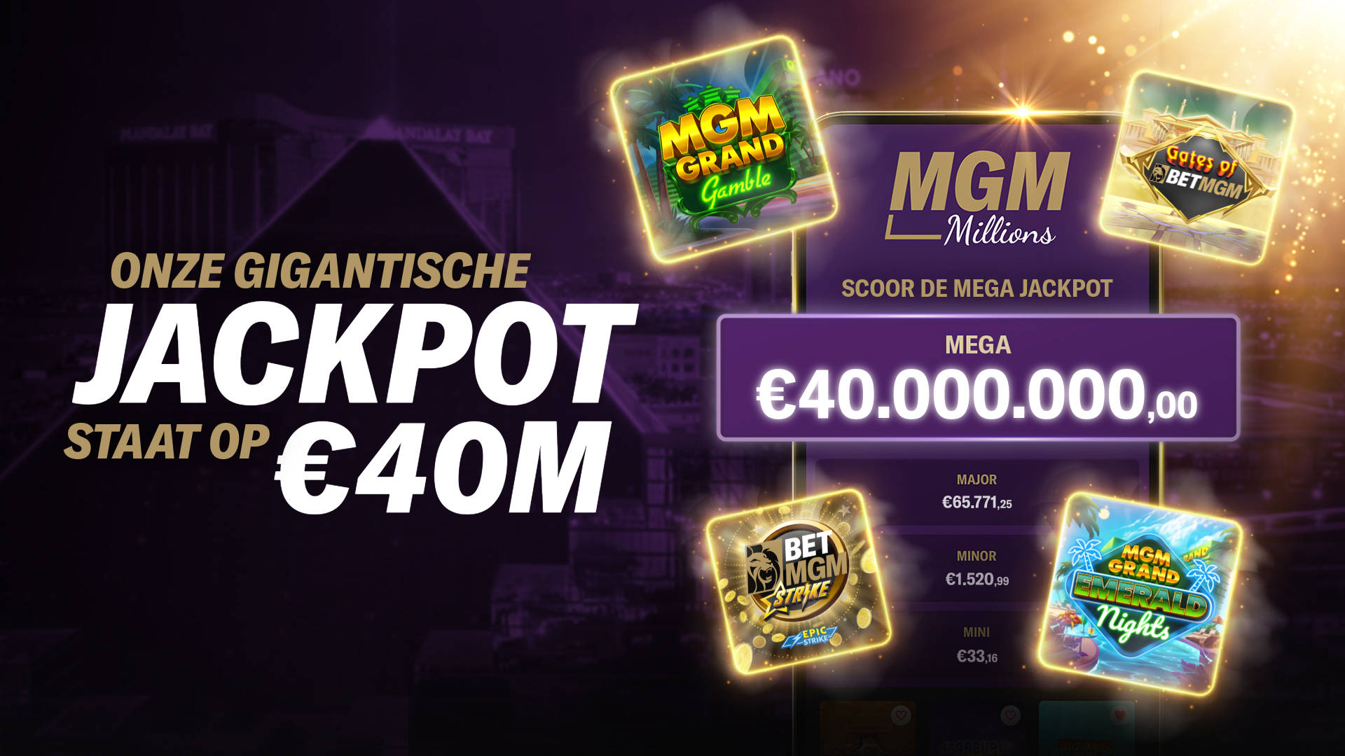 MGM Millions: onze gigantische Jackpot staat op 40 miljoen euro. Scoor de MEGA jackpot met exclusieve MGM slots.