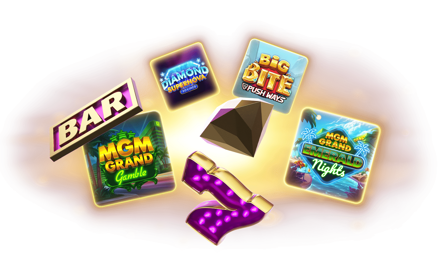 Casino-elementen en de casinospellen Diamond Supernova, Big Bite Push Ways, MGM Grand Gamble en MGM Grand Emerald Nights.