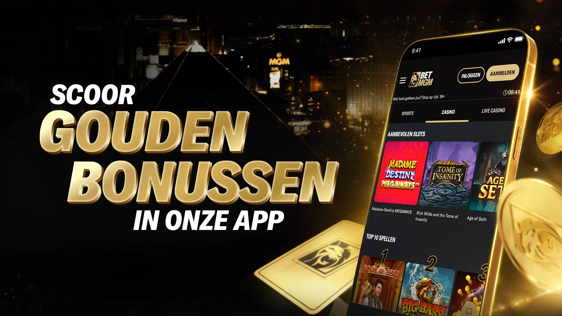 Scoor gouden bonussen in onze app, met BetMGM casino app op een telefoon met Aanbevolen Slots en munten op de achtergrond.