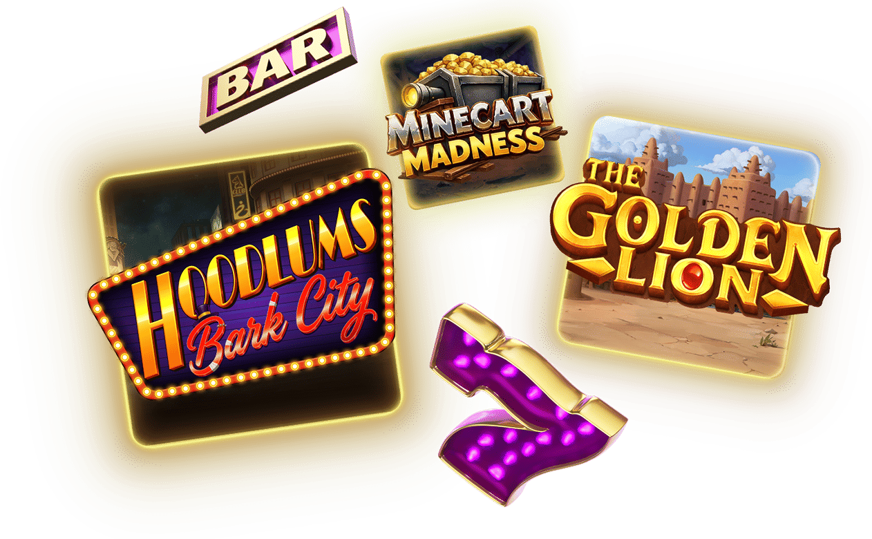 Casino-elementen en de casinospellen Hoodlums Bark City, The Golden Lion en Minecart Madness.