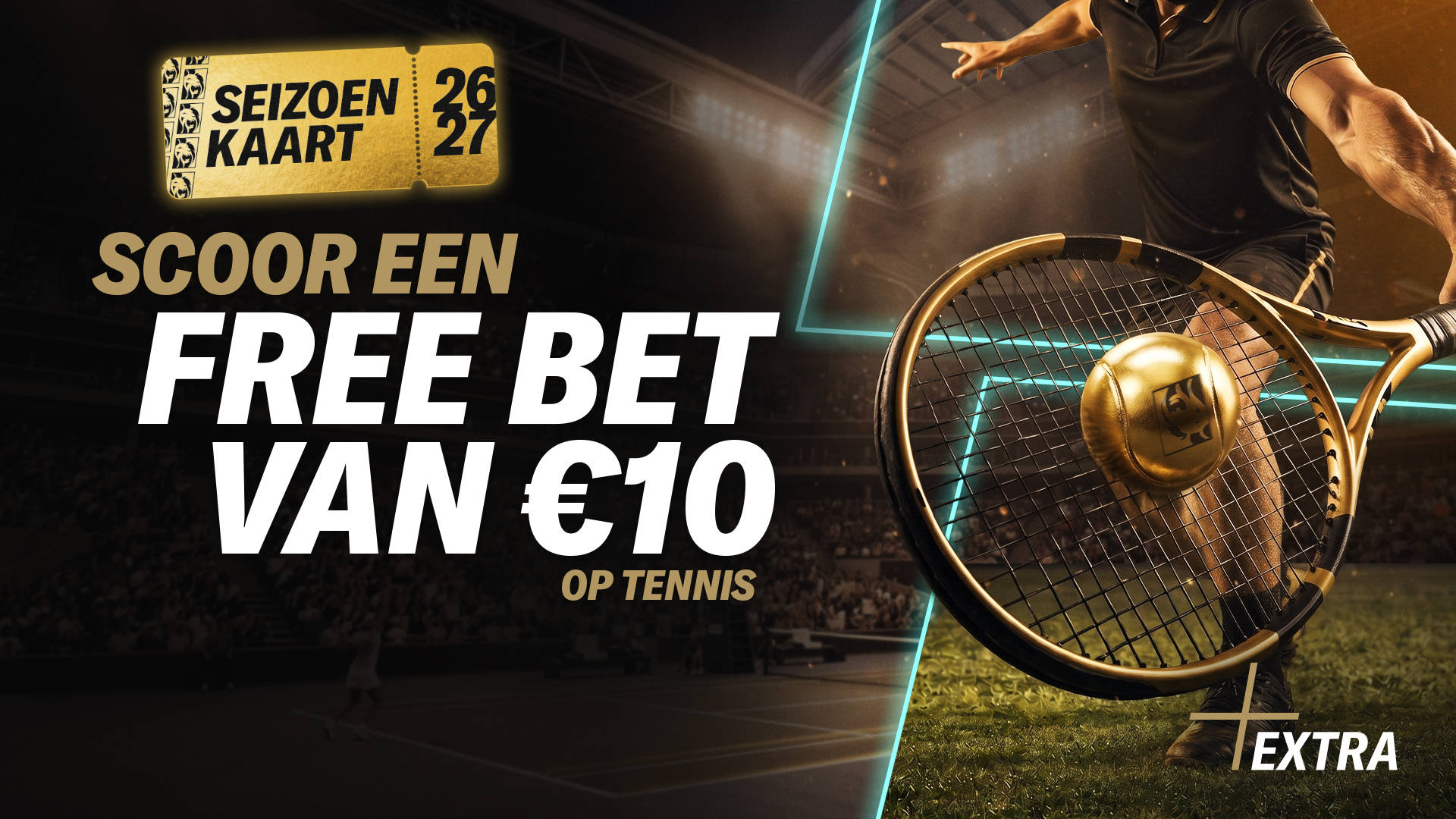 Scoor een Free Bet van €10! Tennisracket en bal op een tennisbaan.