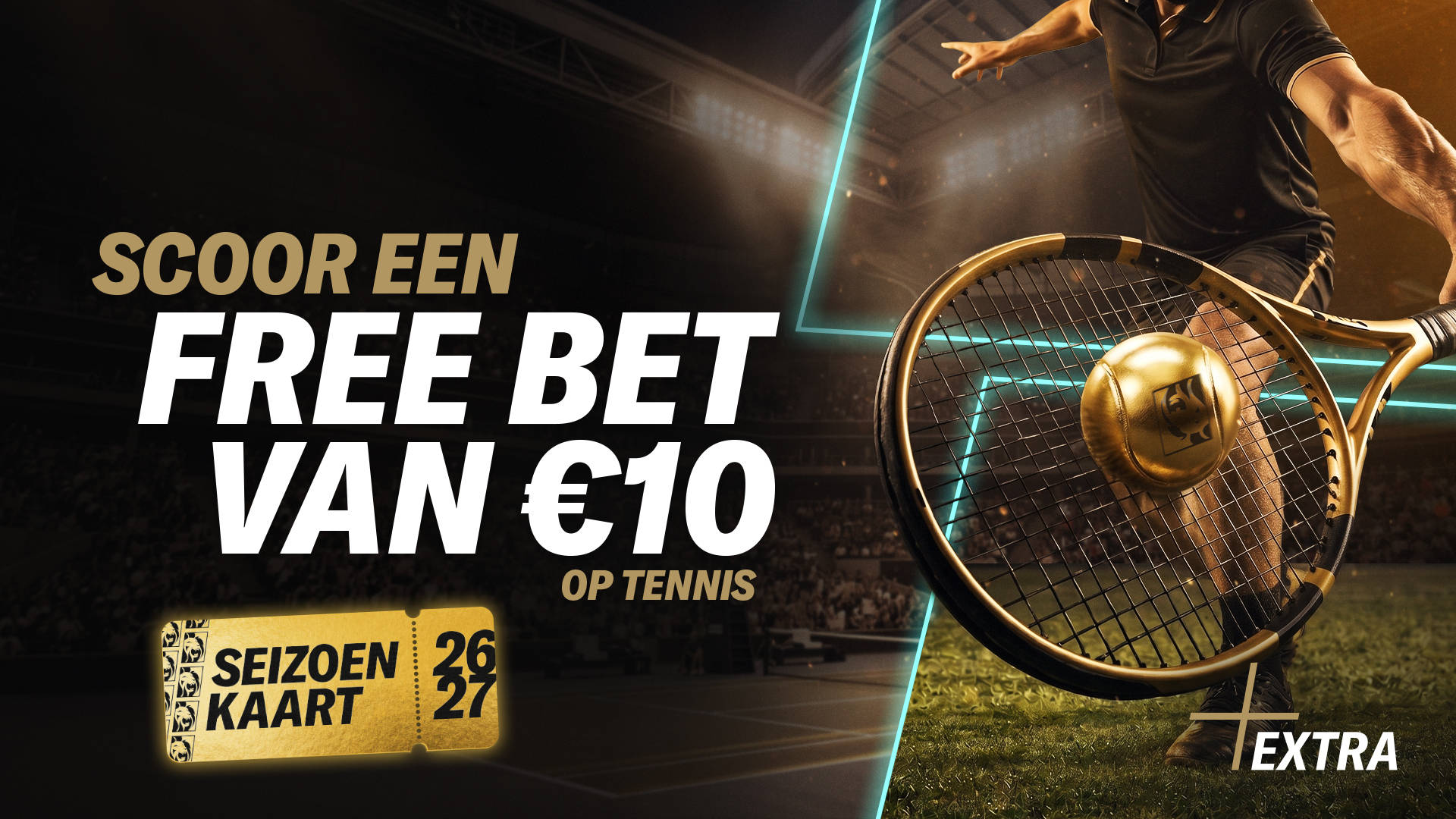 Scoor een Free Bet van €10! Tennisracket en bal op een tennisbaan.