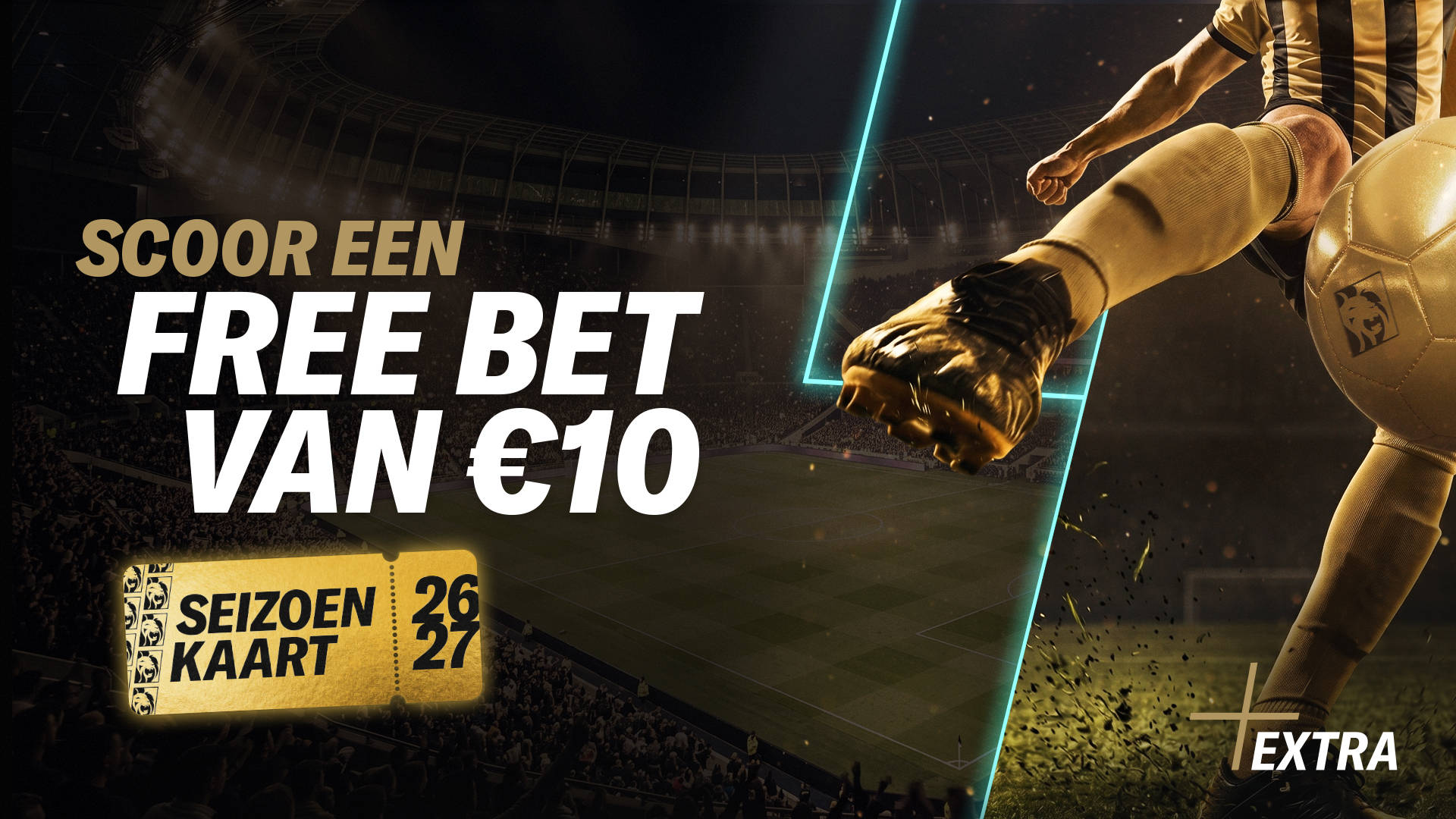 Scoor een Free Bet van €10! Voetballer schiet gouden bal.