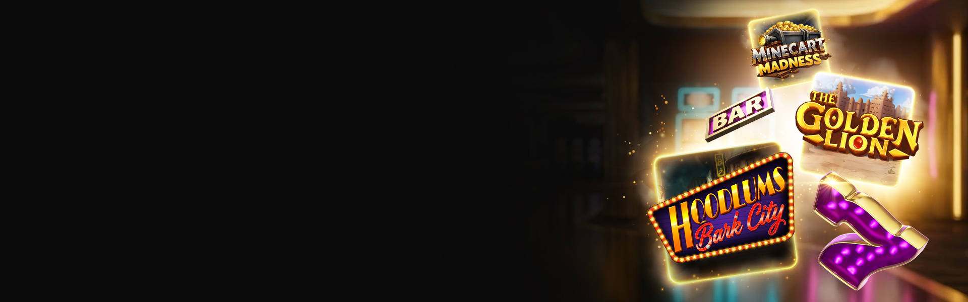 Casino-elementen en de casinospellen Minecart Madness, The Golden Lion en Hoodlums Bark City