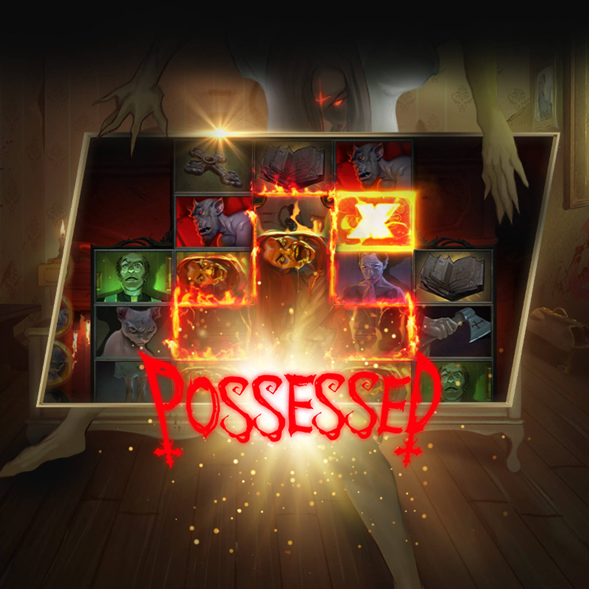 Spelraster voor de gokkast Possessed met griezelige symbolen en een brandend logo.
