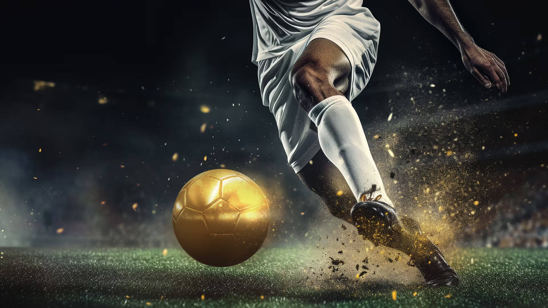 Voetballer schiet een gouden bal op een voetbalveld