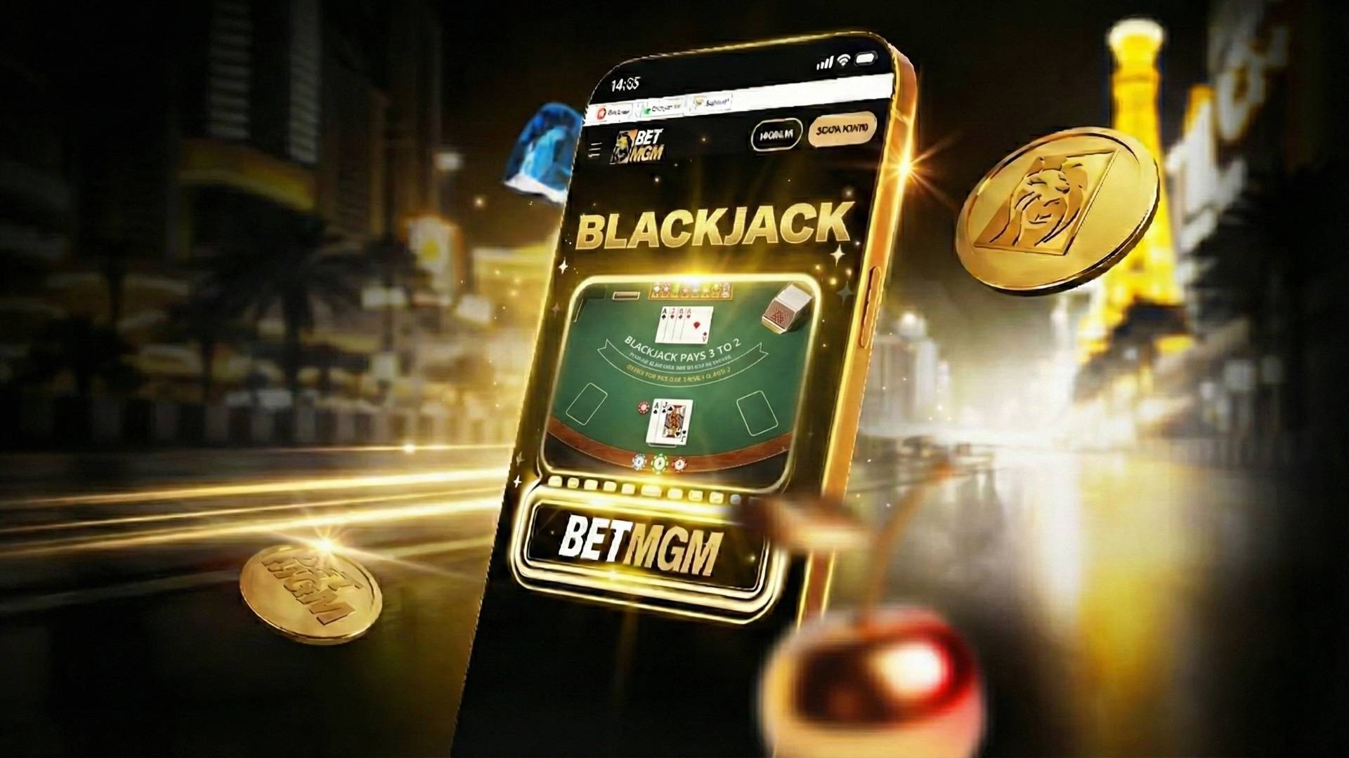 BetMGM Blackjack op een telefoon met gouden munten en kersen.