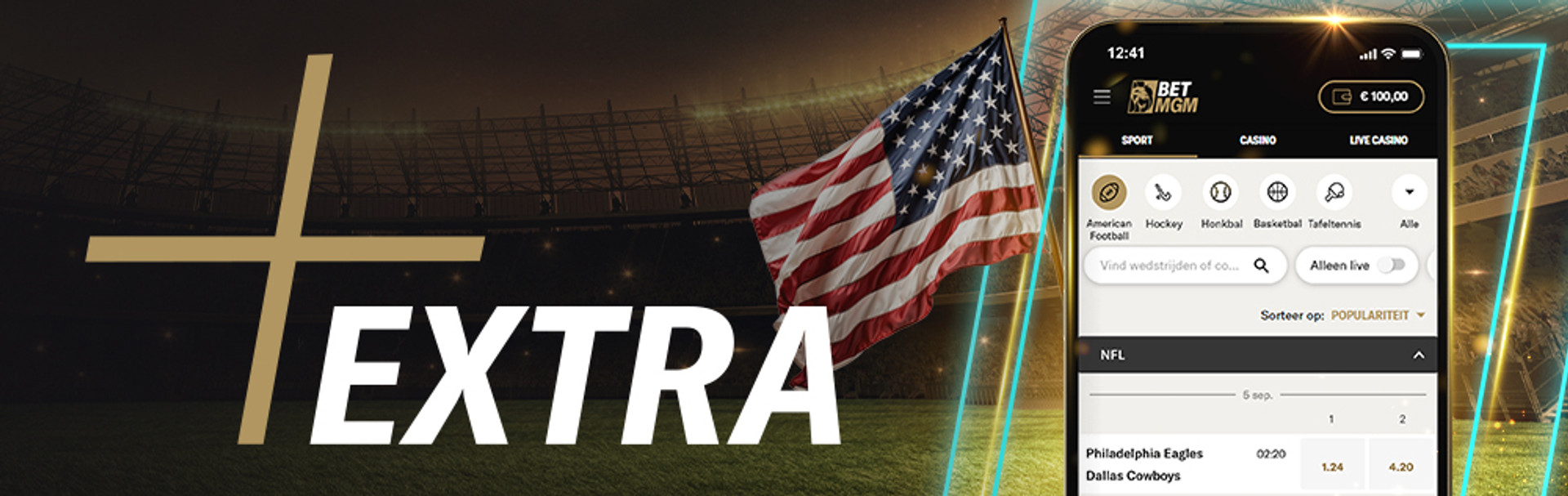 Wekelijks een Profit Boost van 50% op Amerikaanse sporten met BetMGM Extra naast een screenshot van de BetMGM app.