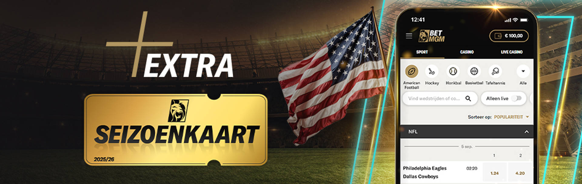 Wekelijks een Profit Boost van 50% op Amerikaanse sporten met BetMGM Extra naast een screenshot van de BetMGM app.